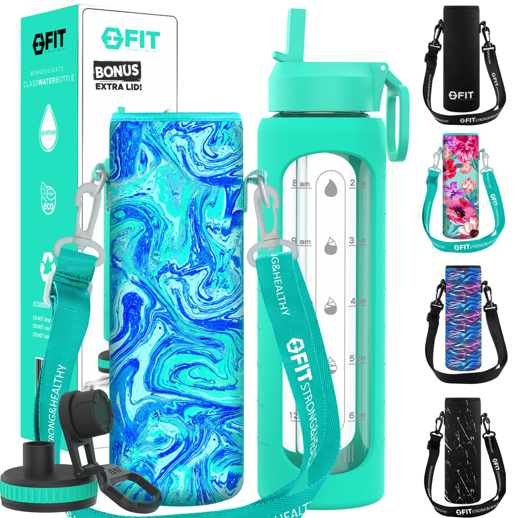 32 oz Glass Water Bottle with Straw Lid, Time Marker, Sleeve, Extra Lid & Water Bottle Holder with Strap (Seafoam, Blue Marble Carrier)