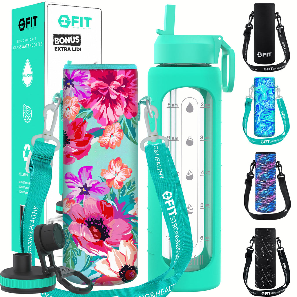 32 oz Glass Water Bottle with Straw Lid, Time Marker, Sleeve, Extra Lid & Water Bottle Holder with Strap (Seafoam, Floral Carrier)