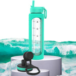 32 oz Glass Water Bottle with Straw Lid, Time Marker, Silicone Sleeve & Extra Lid (Seafoam Sleeve)