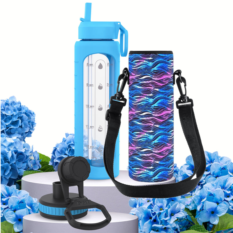 32 oz Glass Water Bottle with Straw Lid, Time Marker, Sleeve, Extra Lid & Water Bottle Holder with Strap (Blue, Black Waves Carrier)