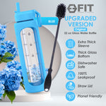 32 oz Glass Water Bottle with Straw Lid, Time Marker, Silicone Sleeve & Extra Lid (Blue Sleeve, with Brush)