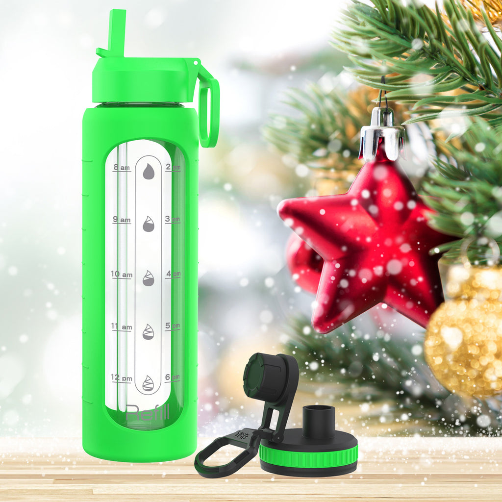 32 oz Glass Water Bottle with Straw Lid, Time Marker, Silicone Sleeve & Extra Lid (Lime Sleeve)