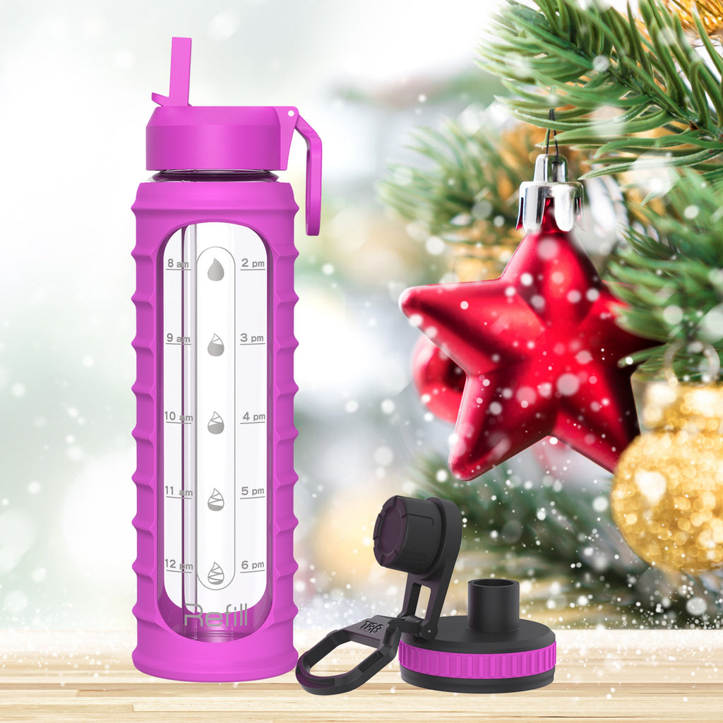 32 oz Glass Water Bottle with Straw Lid, Time Marker, Silicone Sleeve & Extra Lid (Purple Ribbed Sleeve)