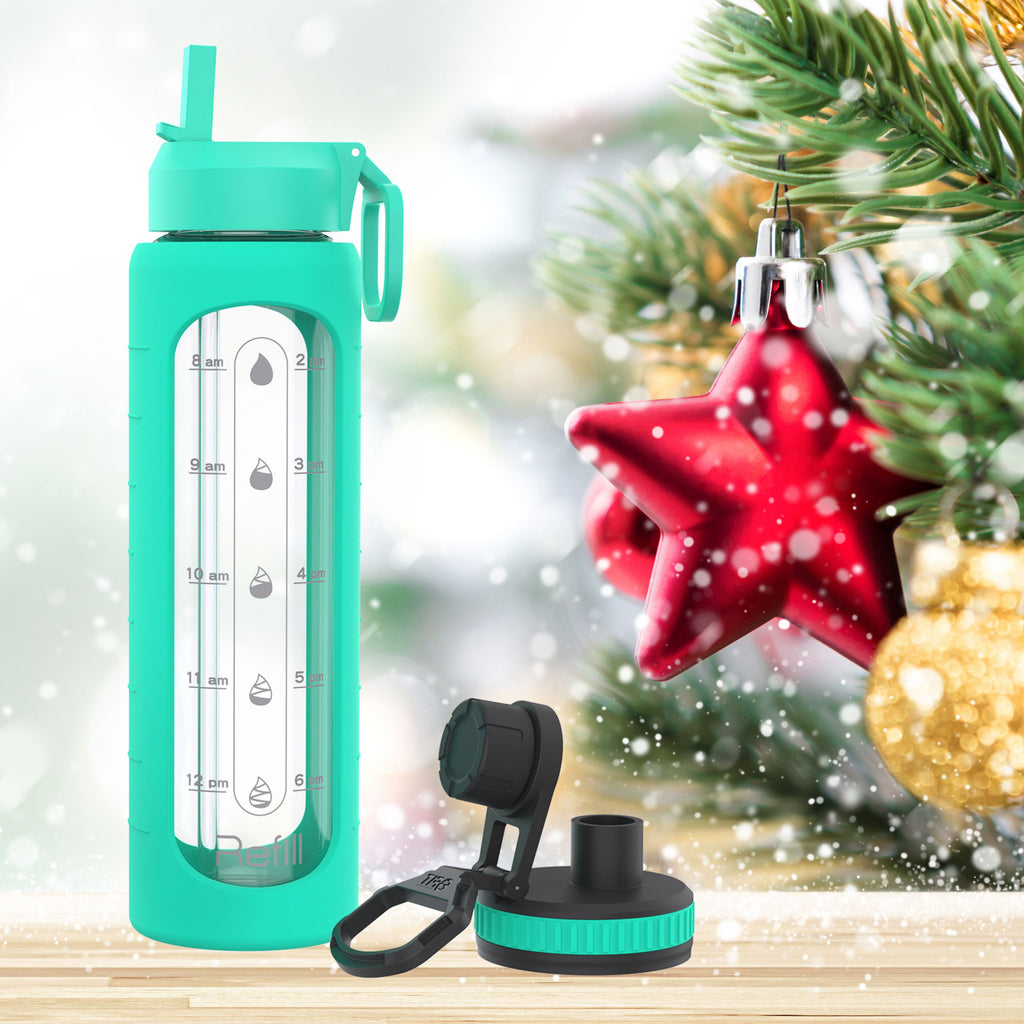 32 oz Glass Water Bottle with Straw Lid, Time Marker, Silicone Sleeve & Extra Lid (Seafoam Sleeve)