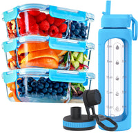 3 Compartments Glass Meal Prep Containers with BLUE Lids (3 Pack, 35 oz) and 32 oz Glass Water Bottle with Time Marker (Blue) Bundle