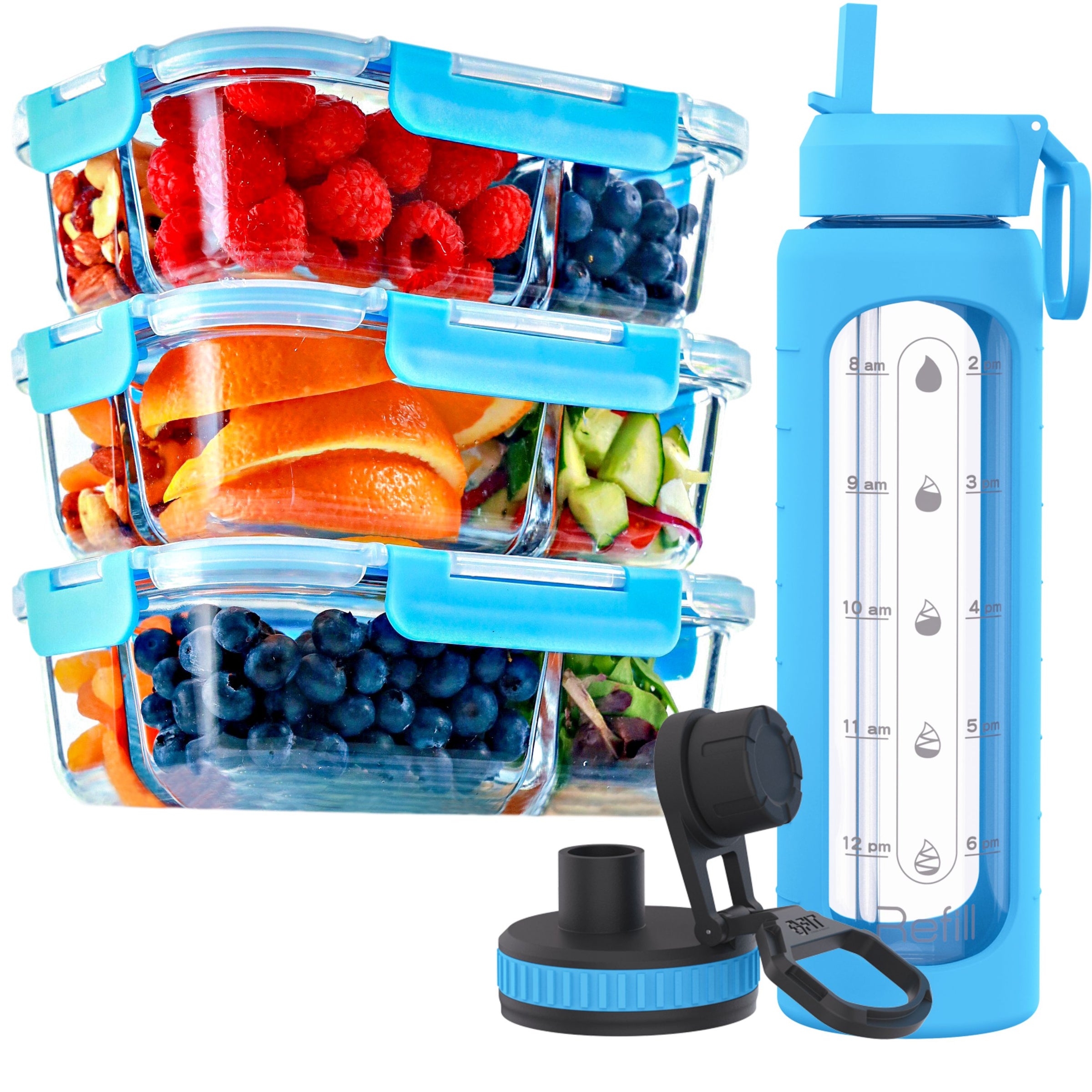 3 Compartments Glass Meal Prep Containers with BLUE Lids (3 Pack, 35 oz) and 32 oz Glass Water Bottle with Time Marker (Blue) Bundle