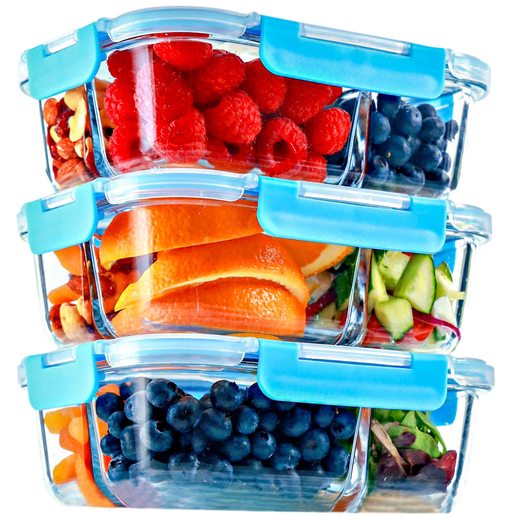 3 Compartment Glass Meal Prep Containers with BLUE Lids (3 Pack, 32 oz)