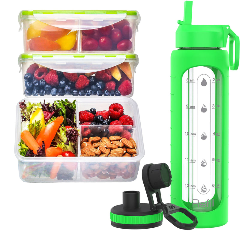 Bento Box Lunch Containers with Lids - 3 Removable Compartments (39 oz, 3 Pack) and 32 oz Glass Water Bottle with Time Marker (Lime) Bundle