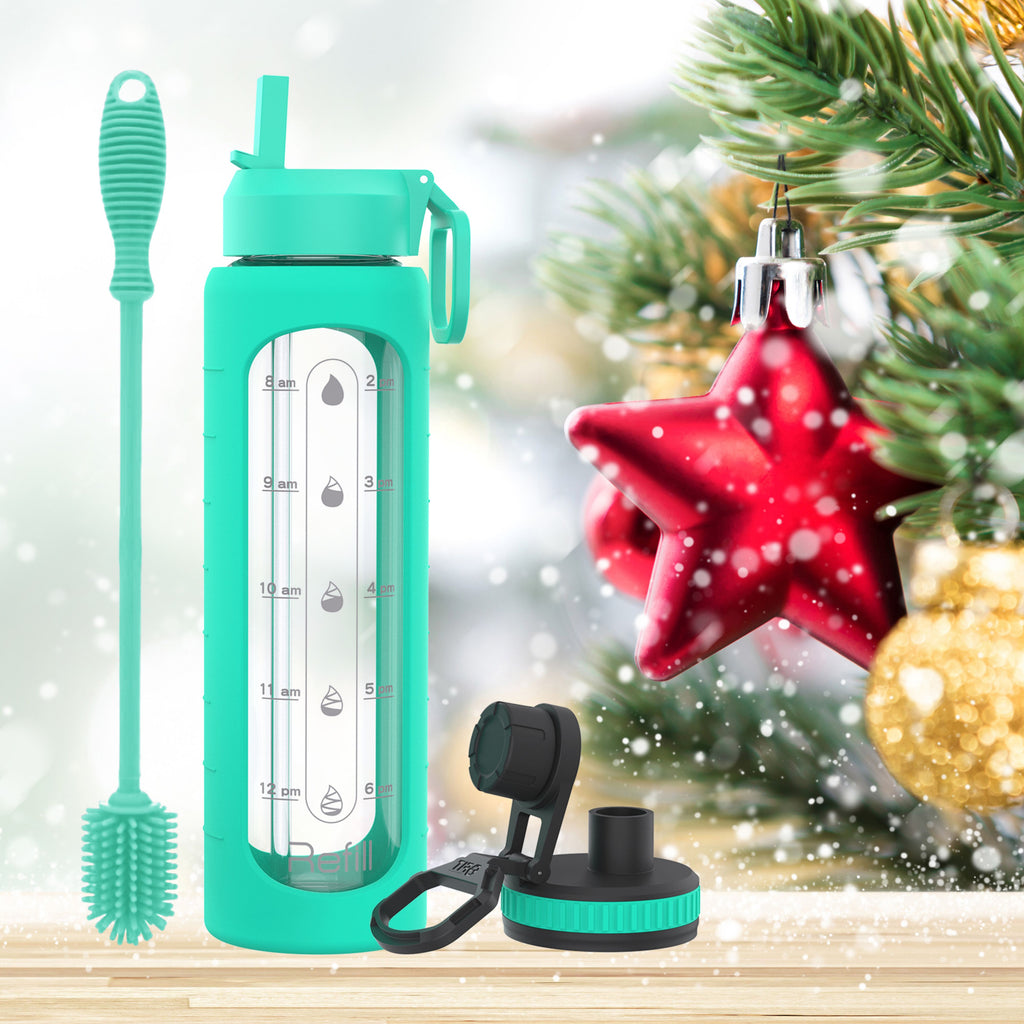 32 oz Glass Water Bottle with Straw Lid, Time Marker, Silicone Sleeve & Extra Lid (Seafoam Sleeve, with Brush)