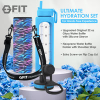 2 & 3 Compartment Glass Meal Prep Containers with BLUE Lids (4 Pack, 32 oz) and 32 oz Glass Water Bottle with Time Marker & Carrier (Blue, Black Waves Carrier) Bundle