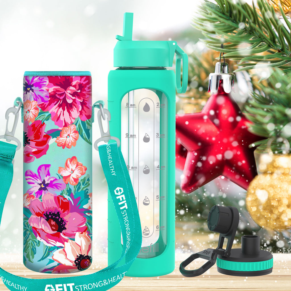 32 oz Glass Water Bottle with Straw Lid, Time Marker, Sleeve, Extra Lid & Water Bottle Holder with Strap (Seafoam, Floral Carrier)