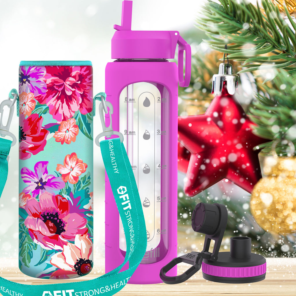 32 oz Glass Water Bottle with Straw Lid, Time Marker, Sleeve, Extra Lid & Water Bottle Holder with Strap (Purple, Floral Carrier)