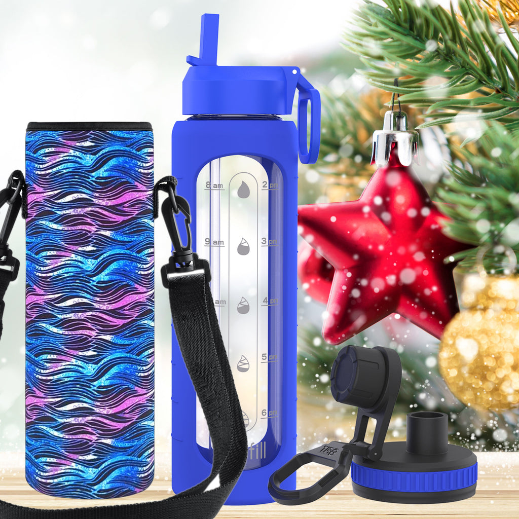 32 oz Glass Water Bottle with Straw Lid, Time Marker, Sleeve, Extra Lid & Water Bottle Holder with Strap (Royal Blue, Black Waves Carrier)