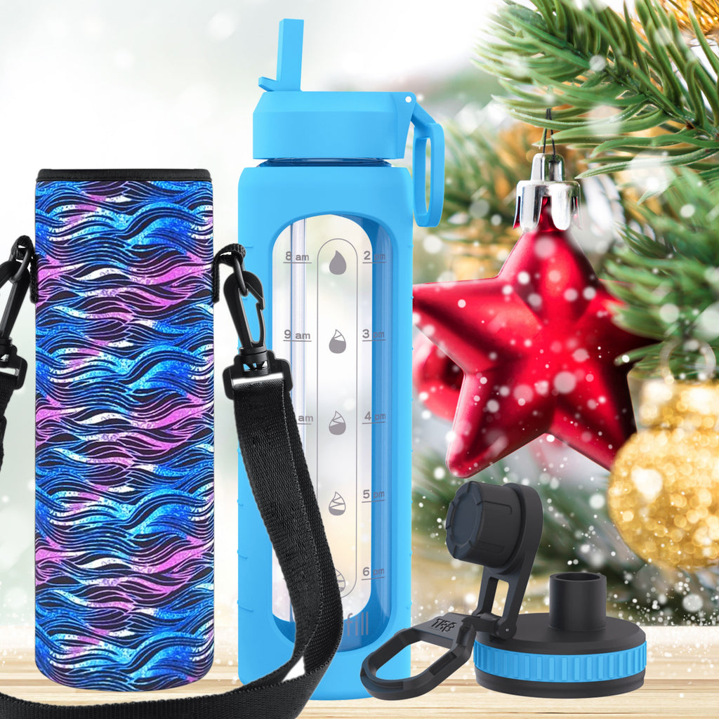 32 oz Glass Water Bottle with Straw Lid, Time Marker, Sleeve, Extra Lid & Water Bottle Holder with Strap (Blue, Black Waves Carrier)