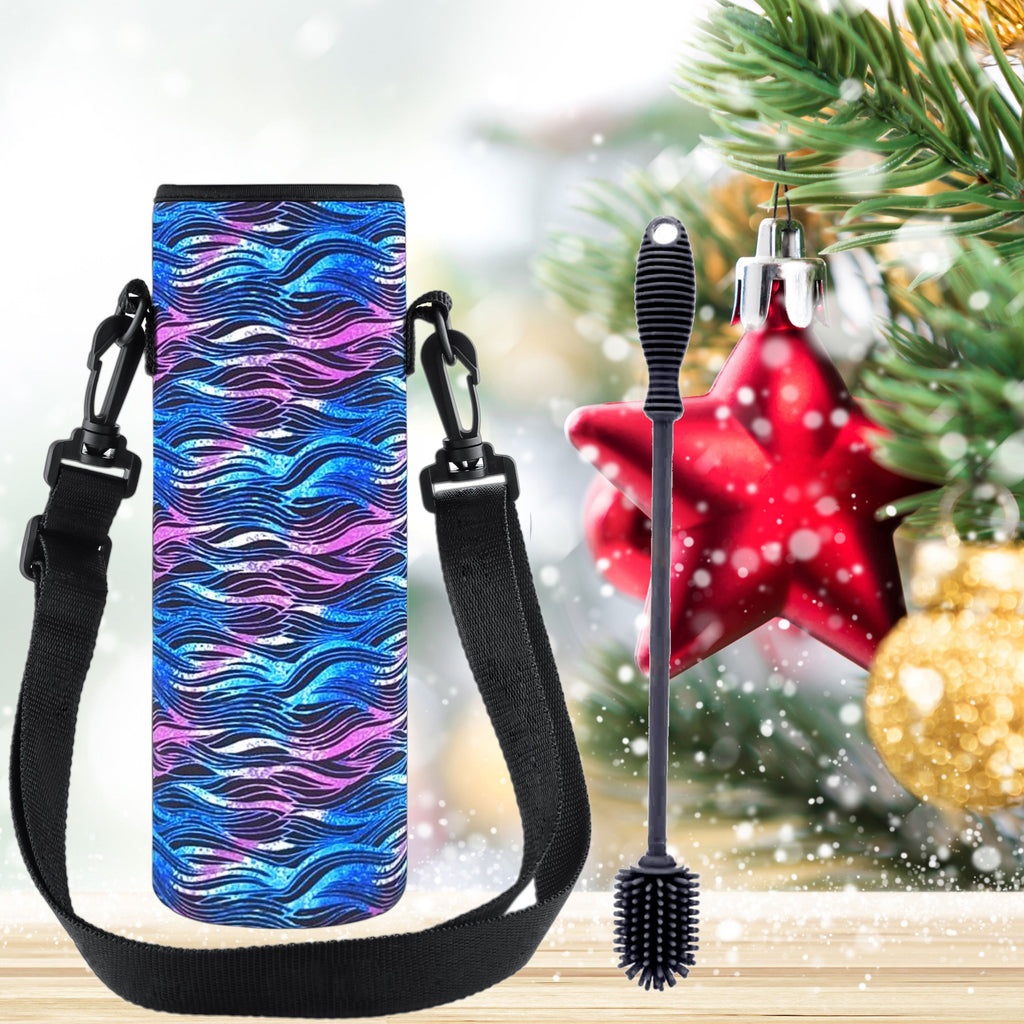 Water Bottle Holder with Strap for Walking & Cleaning Brush Set (Black Waves)