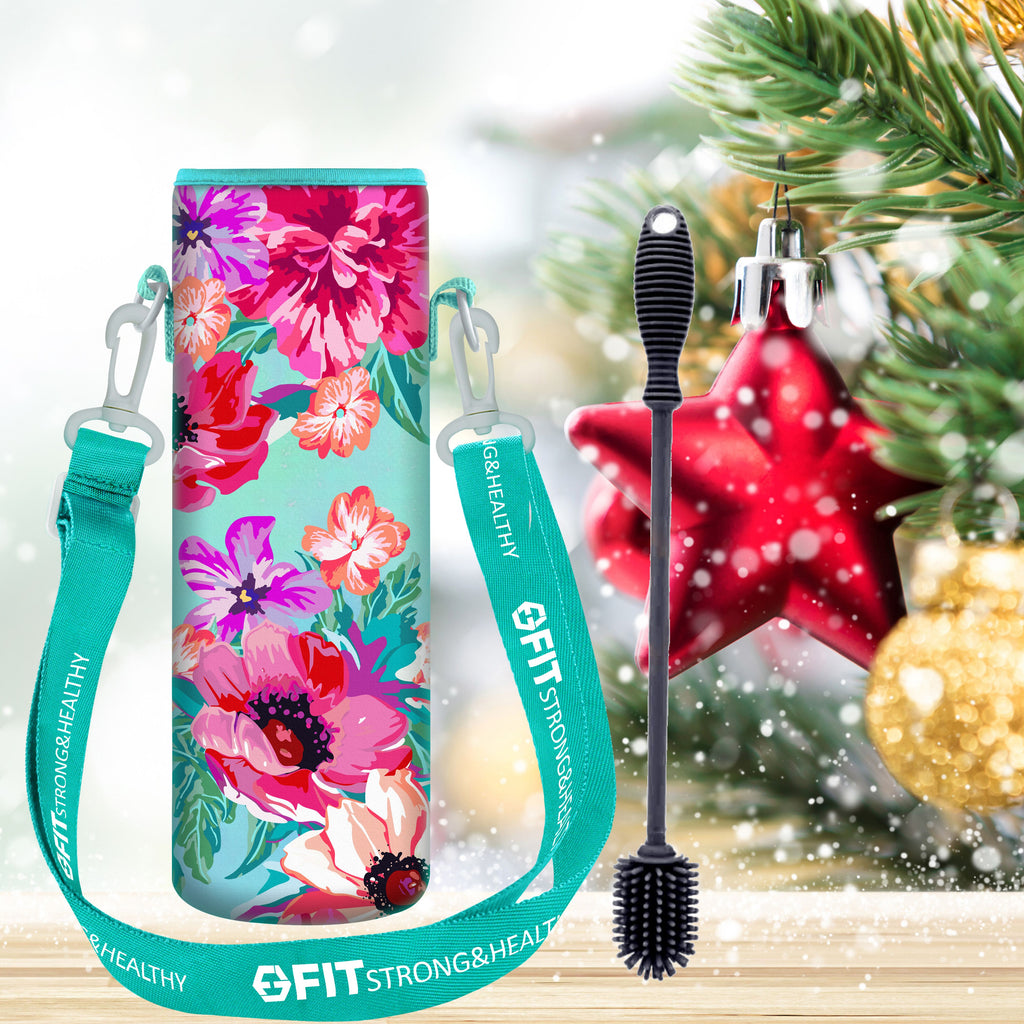 Water Bottle Holder with Strap for Walking & Cleaning Brush Set (Floral)