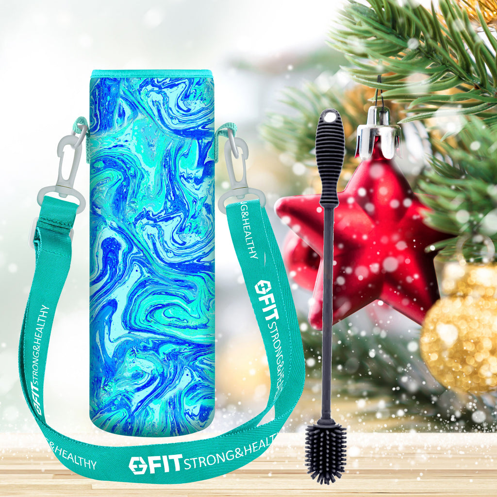 Water Bottle Holder with Strap for Walking & Cleaning Brush Set (Blue Marble)