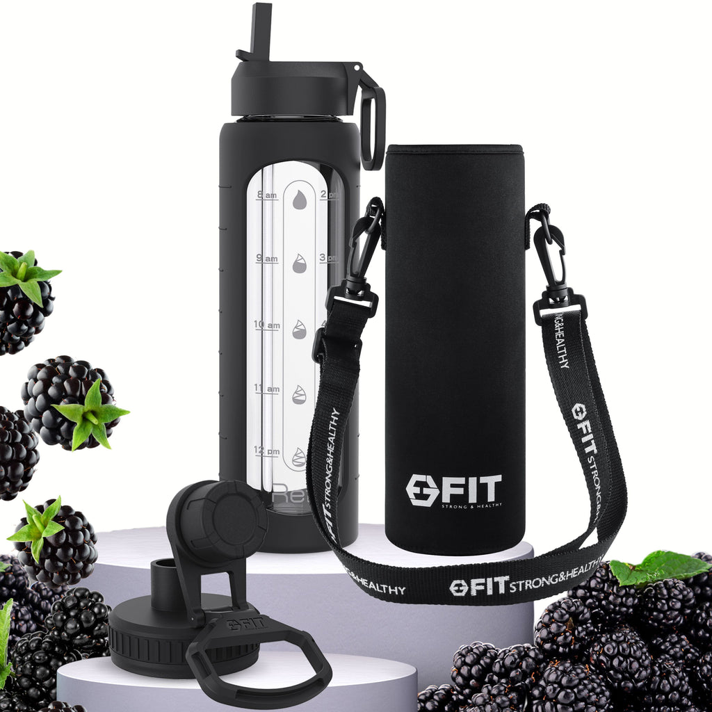 32 oz Glass Water Bottle with Straw Lid, Time Marker, Sleeve, Extra Lid & Water Bottle Holder with Strap (Black, Black Carrier)