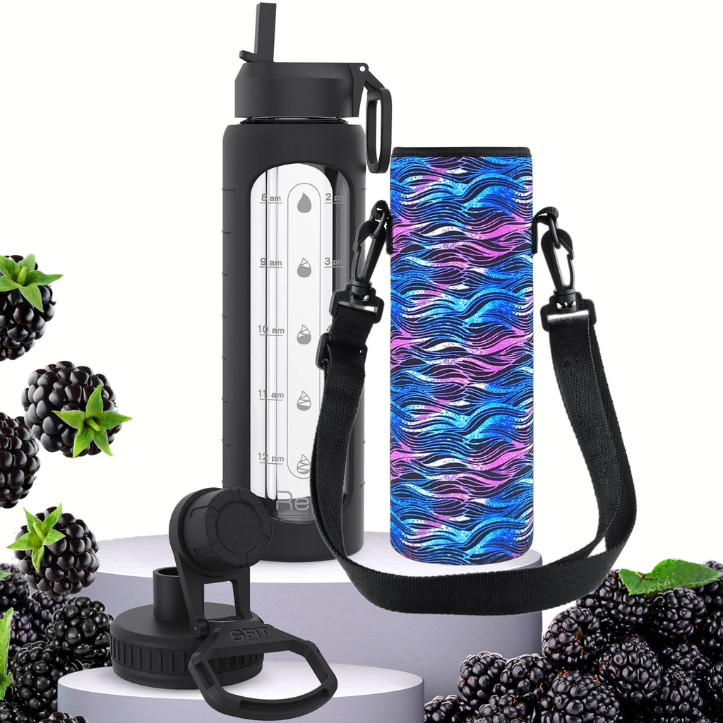 32 oz Glass Water Bottle with Straw Lid, Time Marker, Sleeve, Extra Lid & Water Bottle Holder with Strap (Black, Black Waves Carrier)