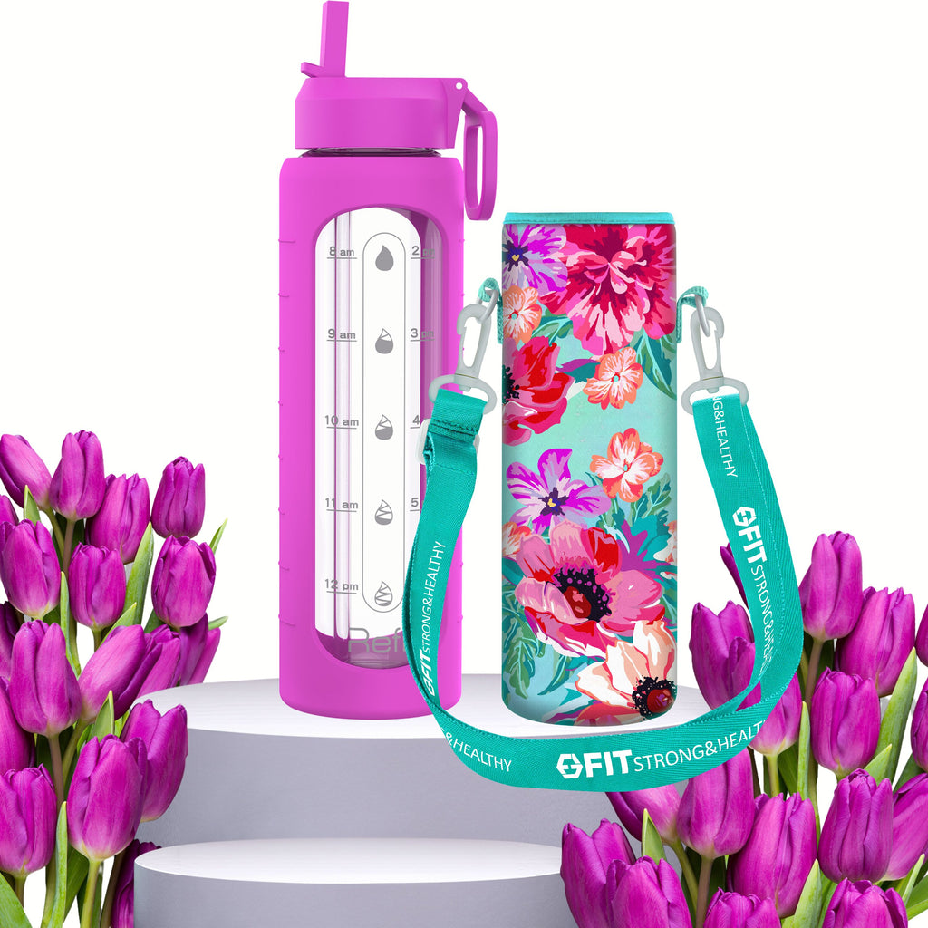 32 oz Glass Water Bottle with Straw Lid, Time Marker, Sleeve, Extra Lid & Water Bottle Holder with Strap (Purple, Floral Carrier)