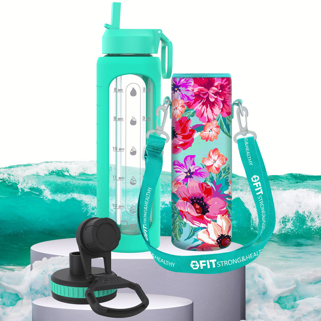 32 oz Glass Water Bottle with Straw Lid, Time Marker, Sleeve, Extra Lid & Water Bottle Holder with Strap (Seafoam, Floral Carrier)