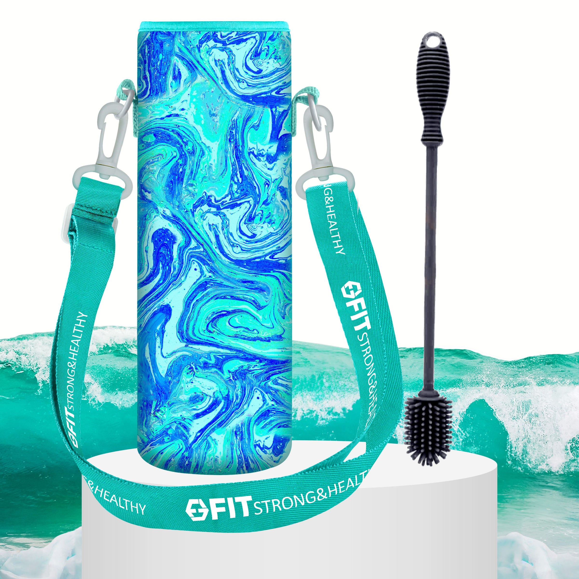 Water Bottle Holder with Strap for Walking & Cleaning Brush Set (Blue Marble)