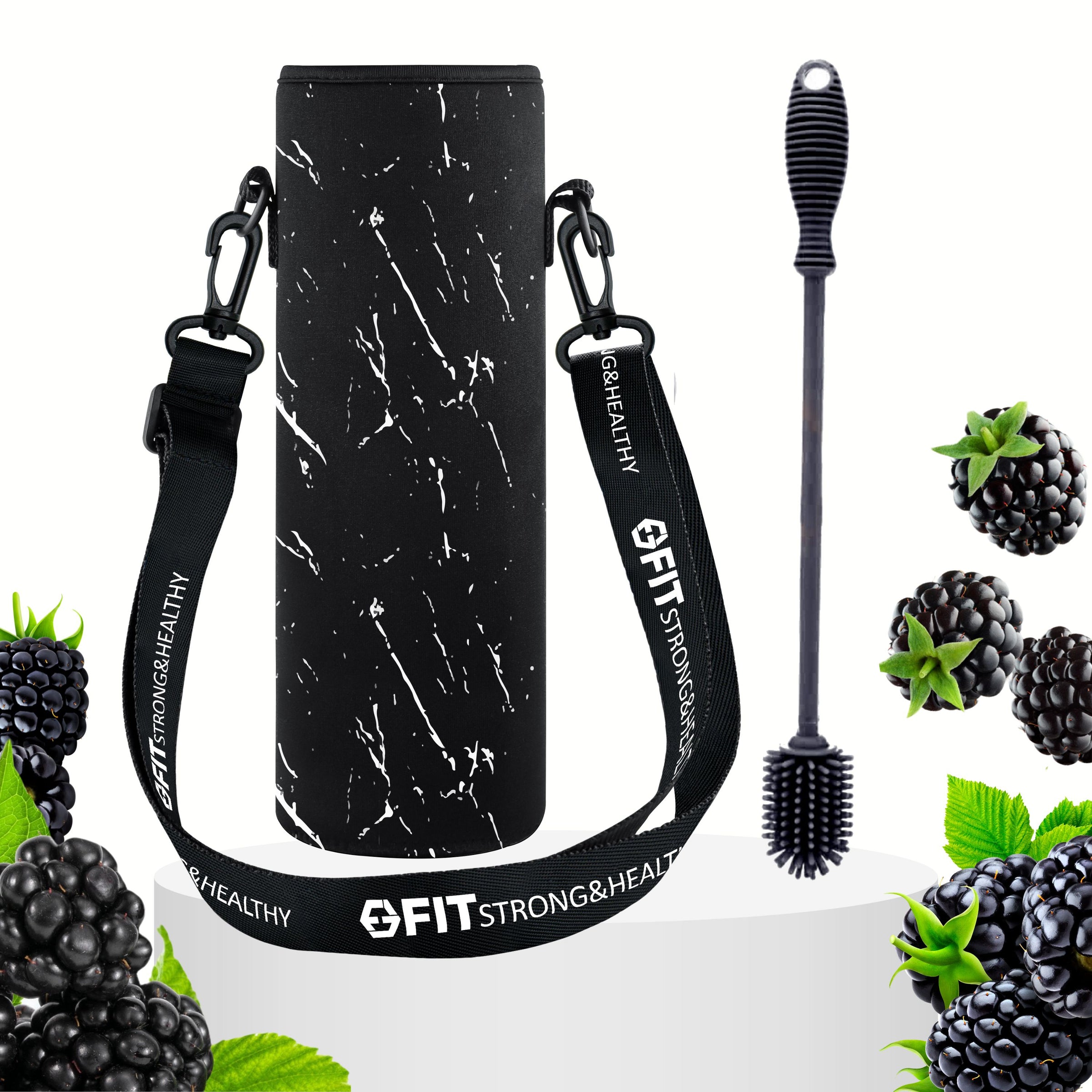 Water Bottle Holder with Strap for Walking & Cleaning Brush Set (White Marble)
