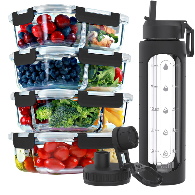 2 & 3 Compartment Glass Meal Prep Containers with BLACK Lids (4 Pack, 32 oz) and 32 oz Glass Water Bottle with Time Marker (Black) Bundle