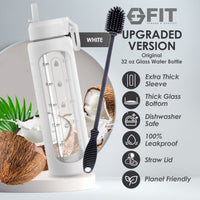 32 oz Glass Water Bottle with Time Marker and Brush (White, Cleaning Brush)