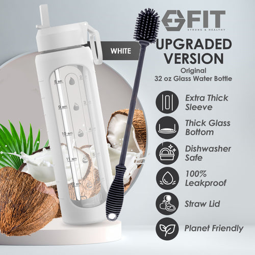 32 oz Glass Water Bottle with Straw Lid, Time Marker, Silicone Sleeve & Extra Lid  (White, Cleaning Brush)