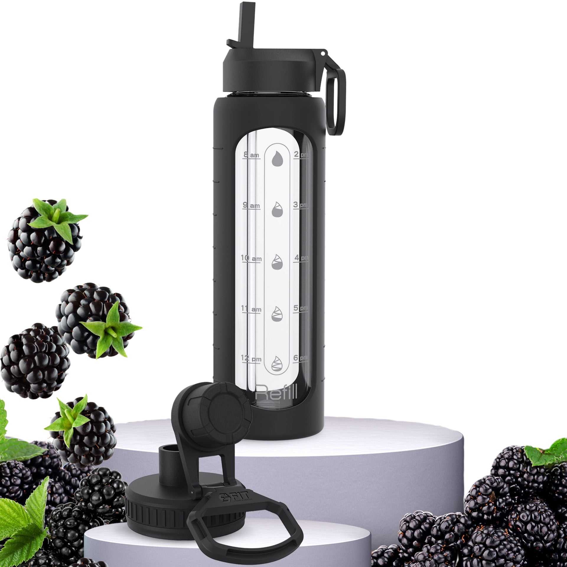 FIT Strong & Healthy 32 oz Glass Water Bottle with Black Silicone Sleeve
