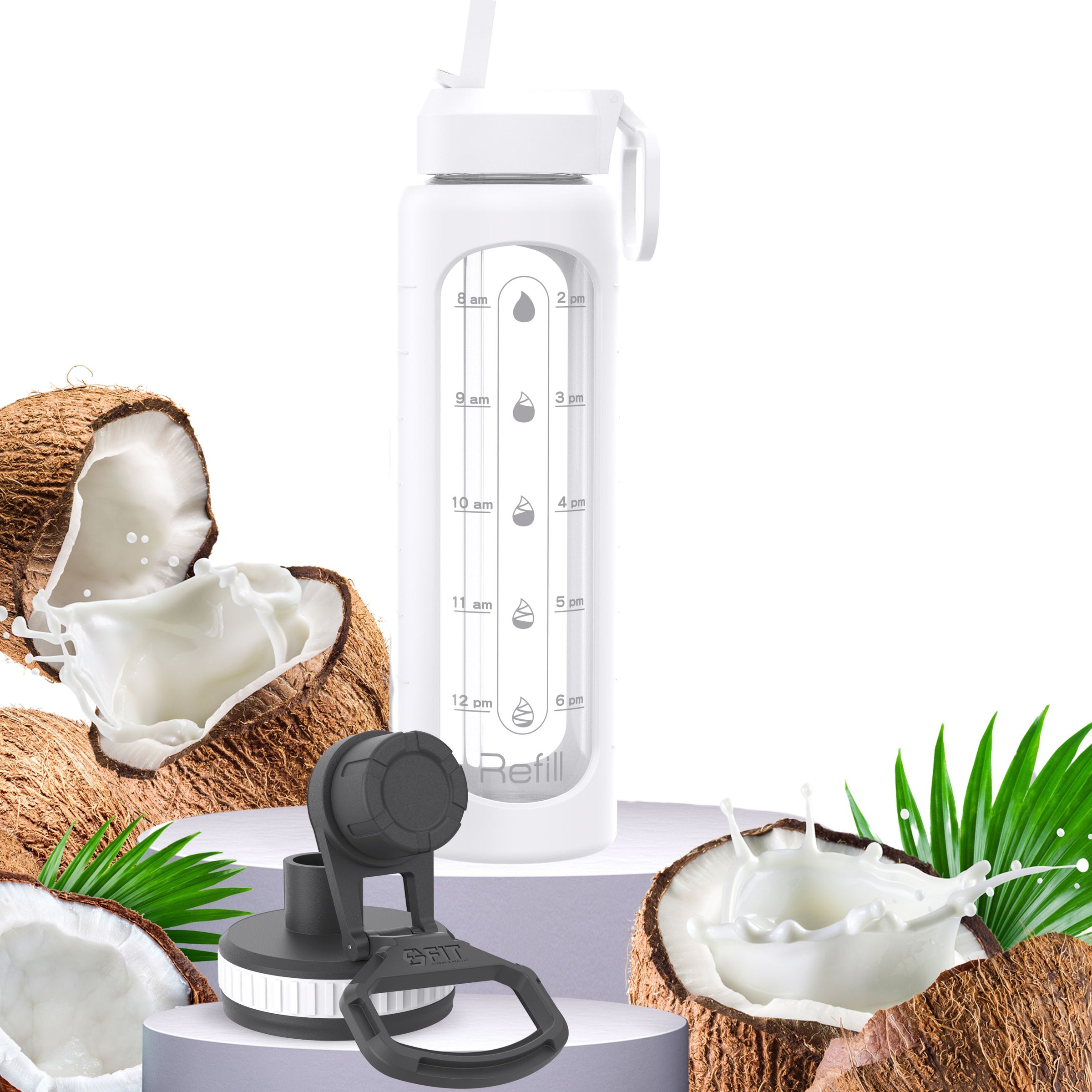 32 oz Glass Water Bottle with Time Marker and Extra Lid (White Sleeve)