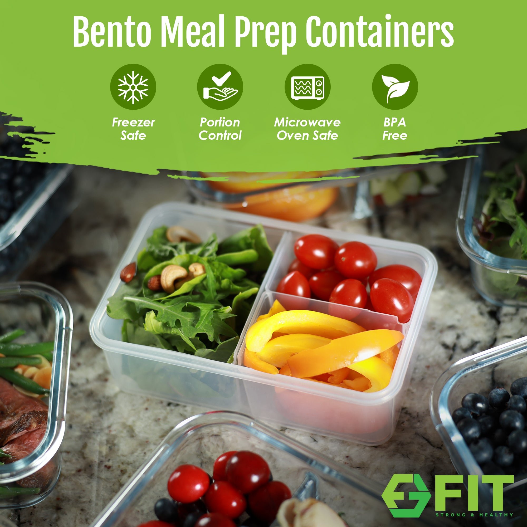 Bento Box Lunch Containers with Lids - 3 Removable Compartments (39 oz, 3 Pack) and 32 oz Glass Water Bottle with Time Marker (Lime) Bundle