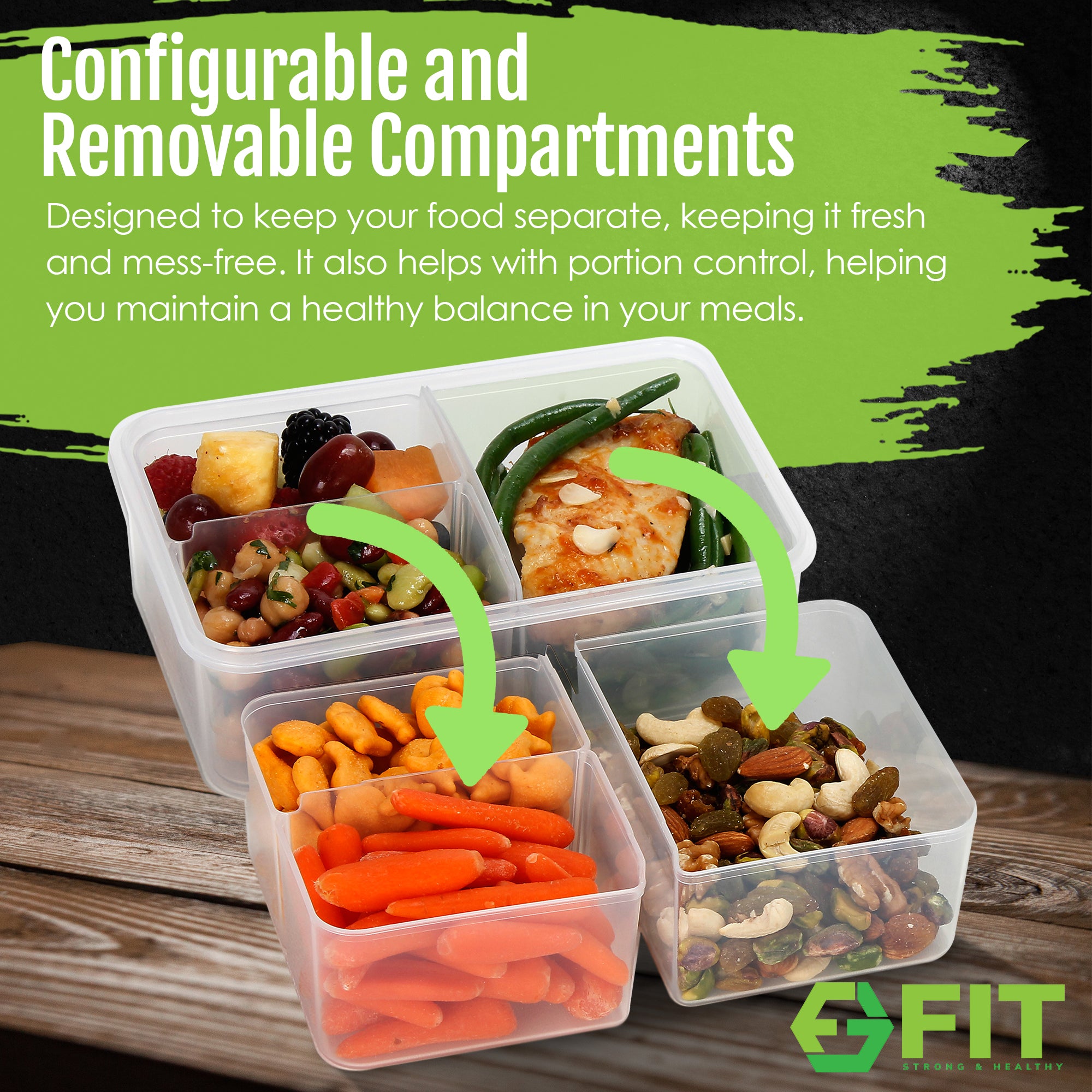 Bento Box Lunch Containers with Lids - 3 Removable Compartments (39 oz, 3 Pack) and 32 oz Glass Water Bottle with Time Marker (Lime) Bundle