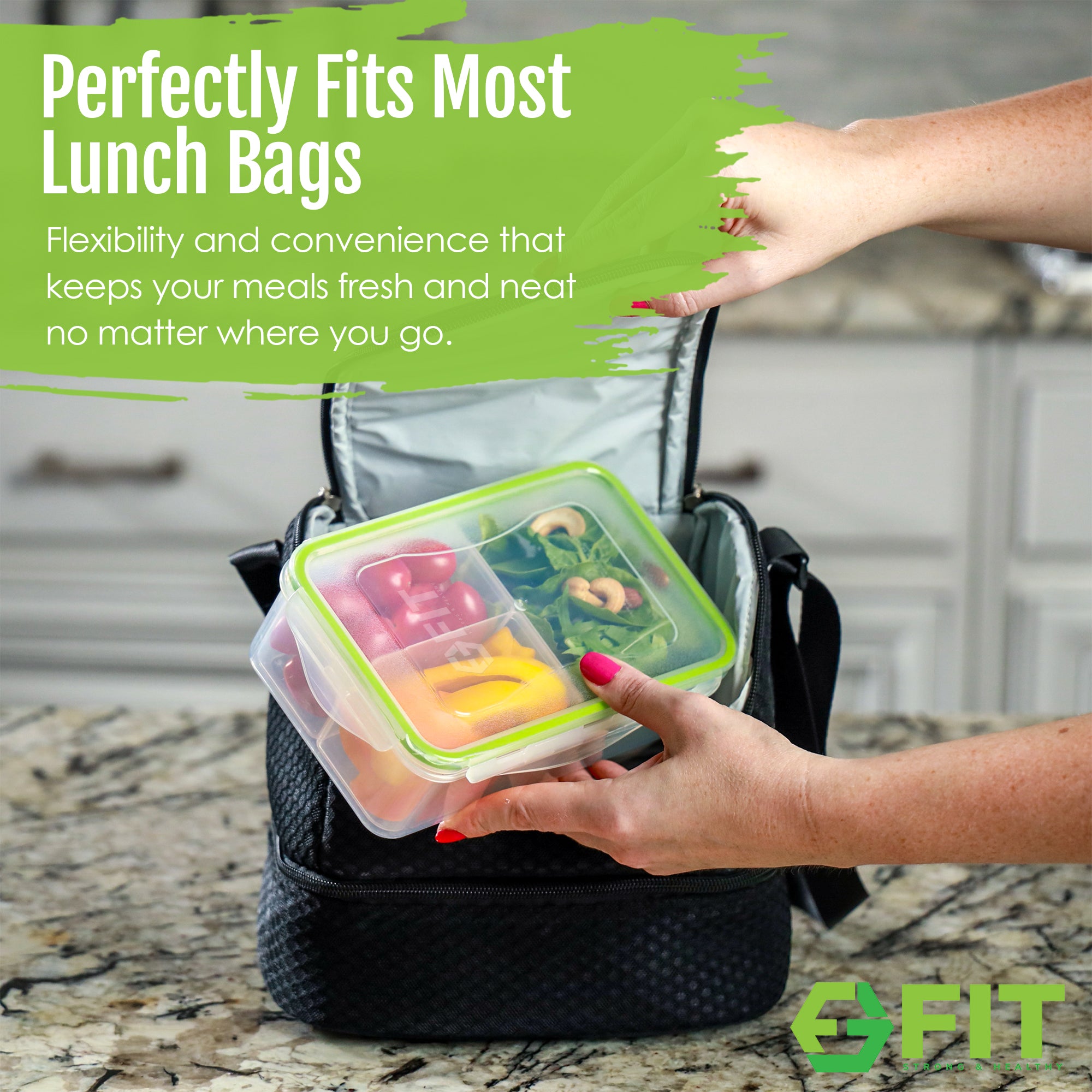 Bento Box Lunch Containers with Lids - 3 Removable Compartments (39 oz, 3 Pack) and 32 oz Glass Water Bottle with Time Marker (Lime) Bundle