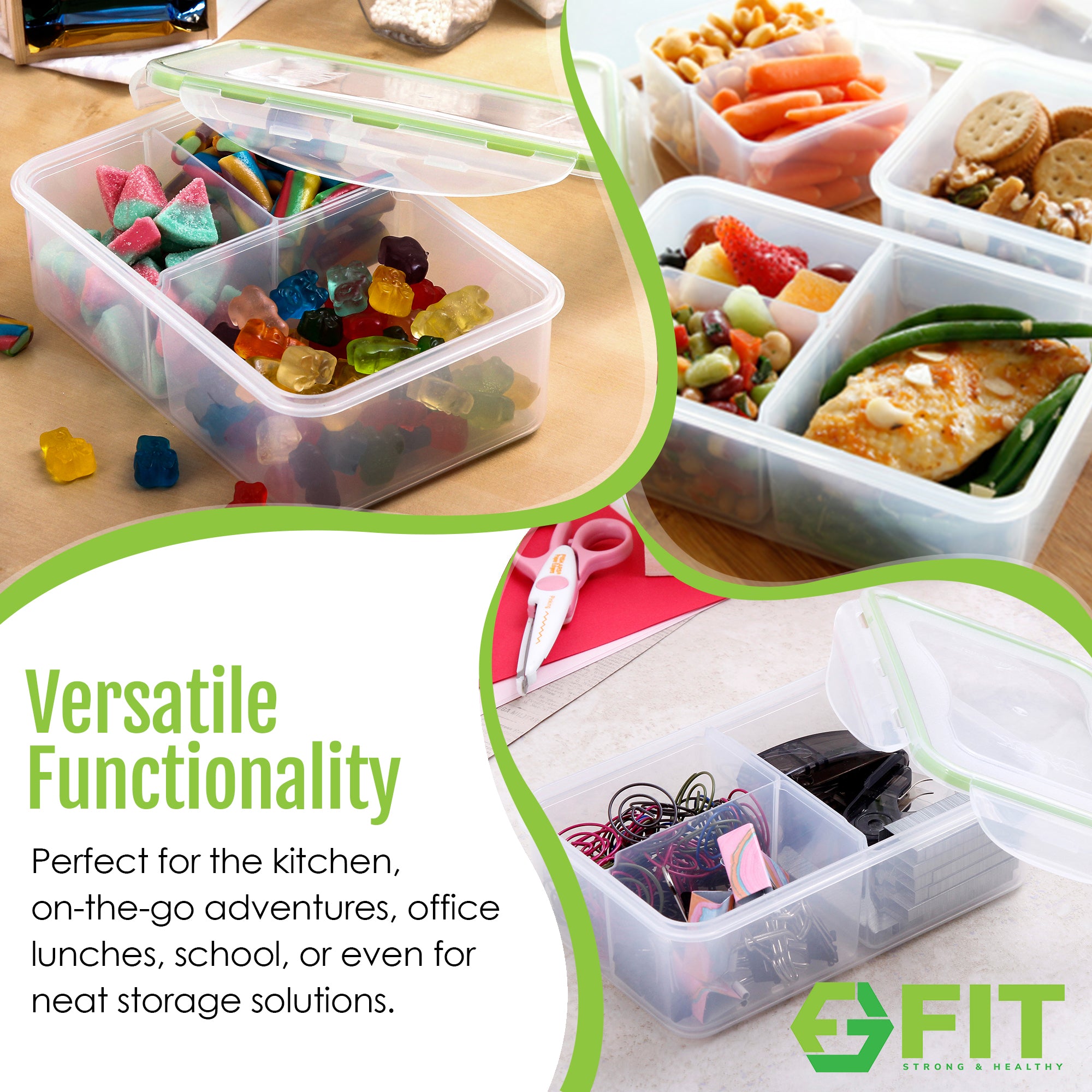 Bento Box Lunch Containers with Lids - 3 Removable Compartments (39 oz, 3 Pack) and 32 oz Glass Water Bottle with Time Marker (Lime) Bundle