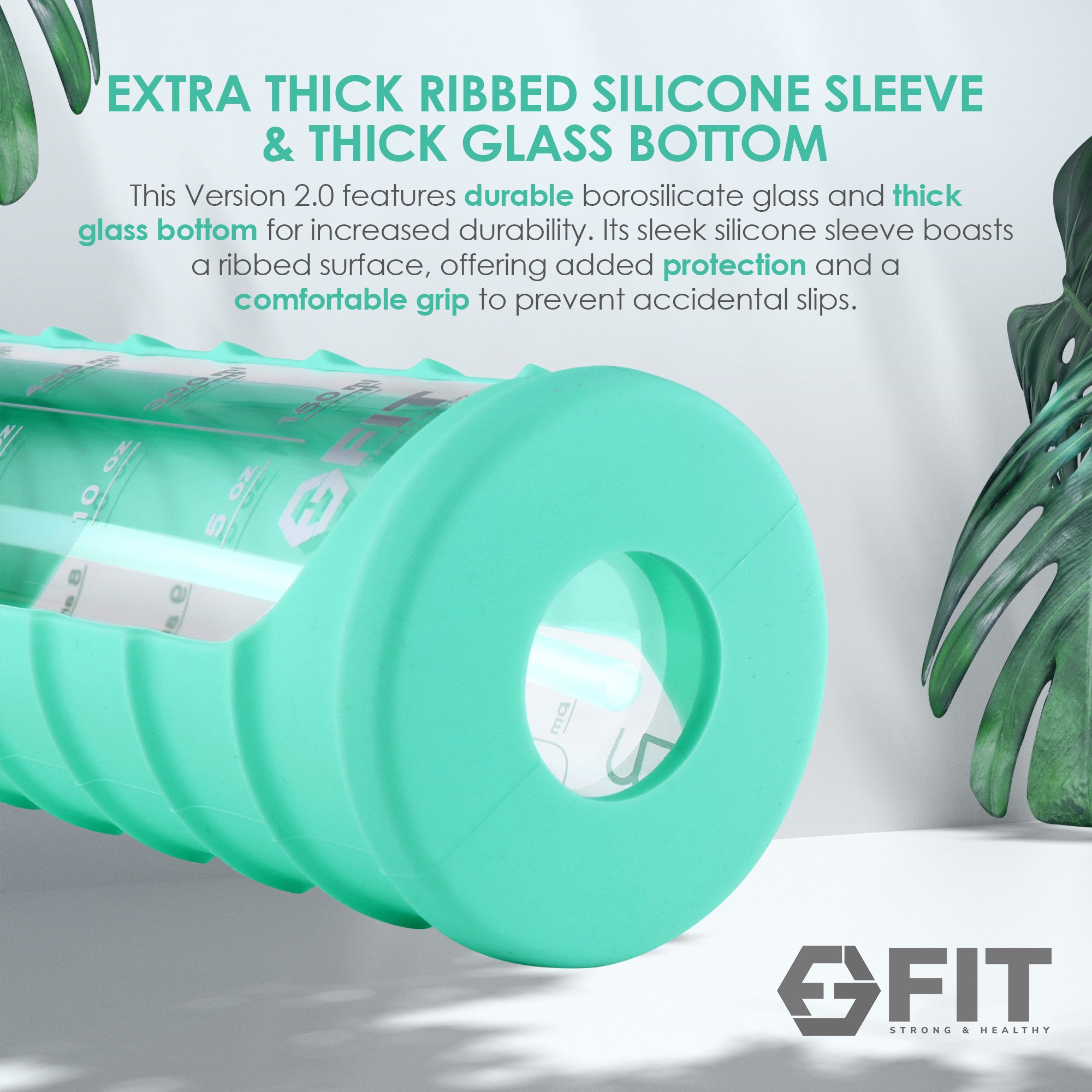 32 oz Glass Water Bottle with Time Marker and Extra Lid (Seafoam Ribbed Sleeve)
