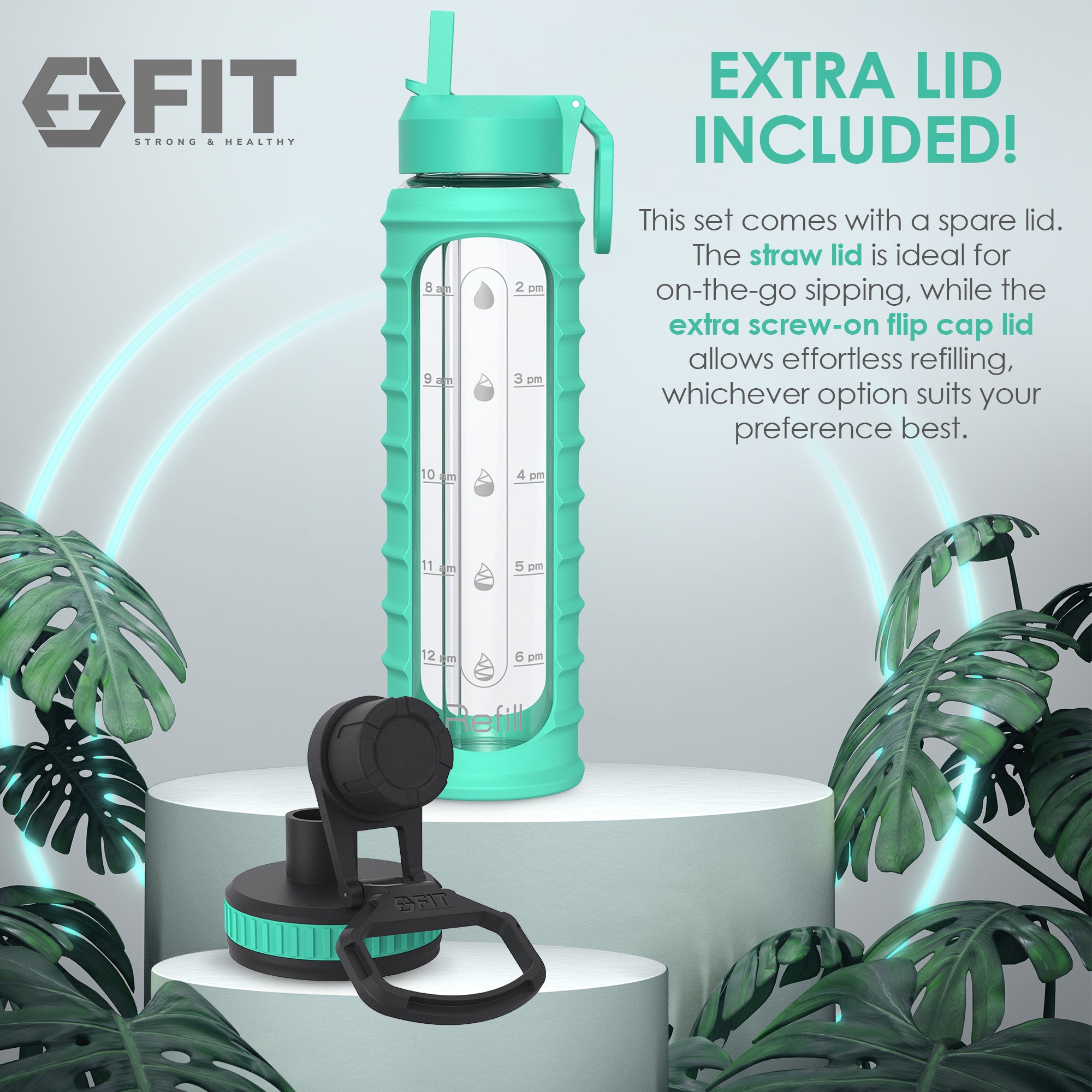 32 oz Glass Water Bottle with Time Marker and Extra Lid (Seafoam Ribbed Sleeve)