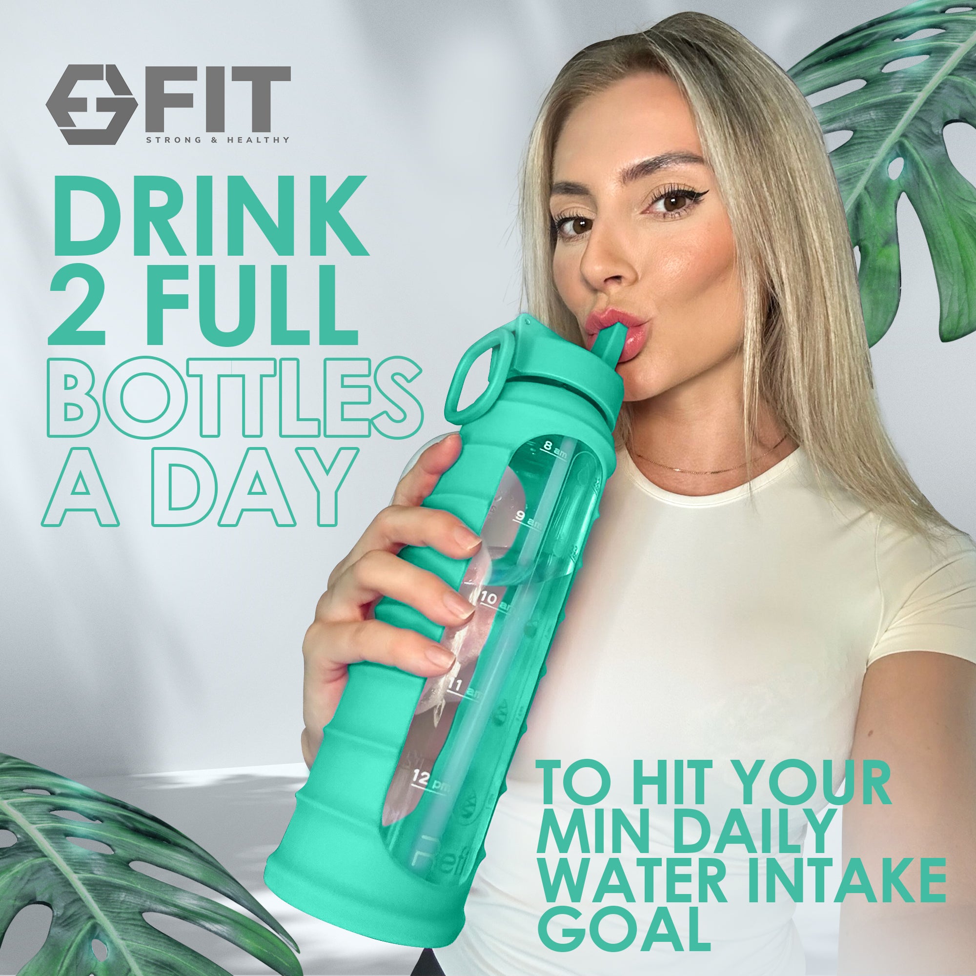 32 oz Glass Water Bottle with Time Marker and Extra Lid (Seafoam Ribbed Sleeve)