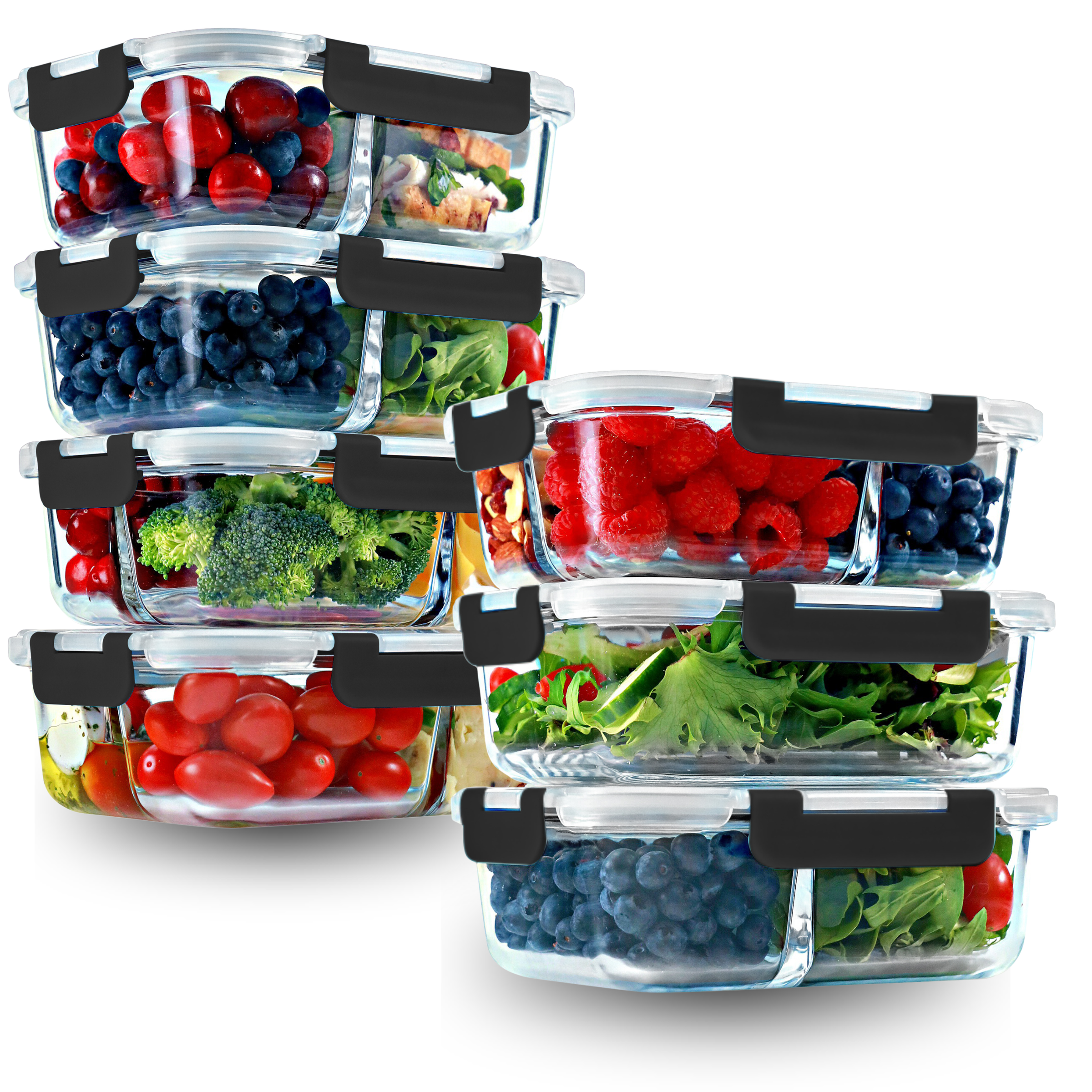 Glass Meal Prep Containers – 7-Pack (3-Pack 1, 2 & 3 Compartment, 35 oz, Black + 4-Pack 2 & 3 Compartment, 32 oz, Black), Portion Control, Leak-Proof, Microwave Safe, Food Storage