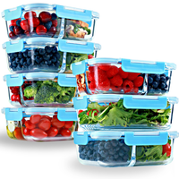 Glass Meal Prep Containers - 3 Compartment (3-Pack) + 2 & 3 Compartment Food Storage Set (4-Pack), Leak-Proof & Microwave Safe, Ideal for Portion Control & Food Storage, Blue Lids