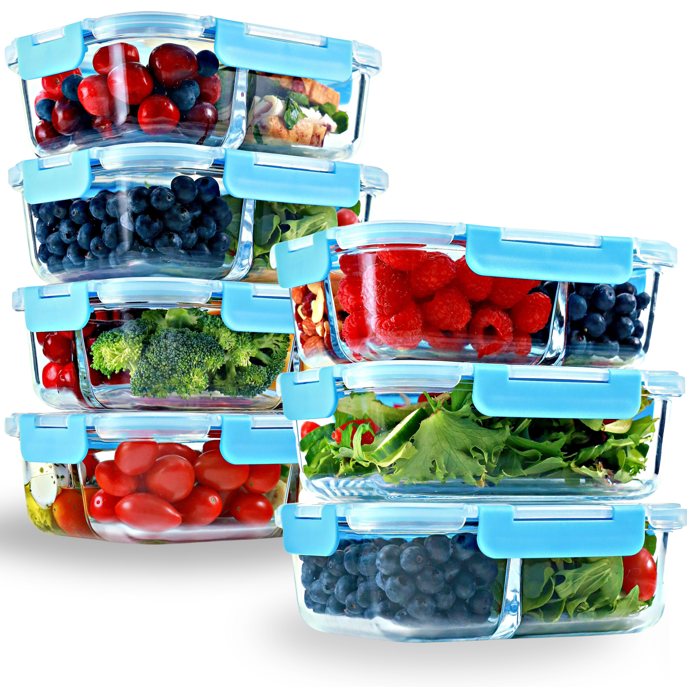 Glass Meal Prep Containers - 3 Compartment (3-Pack) + 2 & 3 Compartment Food Storage Set (4-Pack), Leak-Proof & Microwave Safe, Ideal for Portion Control & Food Storage, Blue Lids