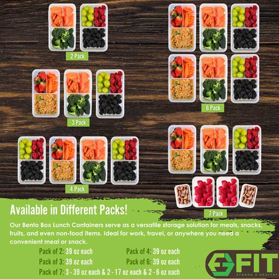 FIT Strong & Healthy food storage containers with lids and meal prep containers are available in different packs. These food storage containers with lids are perfect to be used as a lunch or snacks box for kids for school and kitchen storage. Our strong storage containers are ideal for work, travel, or anywhere you need a convenient meal or snack. Pack of 2: 39 oz each Pack of 3: 39 oz each Pack of 4: 39 oz each Pack of 6: 39 oz each Pack of 7: 3 - 39 oz each & 2 - 17 oz each & 2 - 6 oz each.