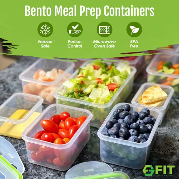 FIT Strong & Healthy meal prep containers reusable tupperware sets with lids are freezer safe, portion control, microwave oven safe, and BPA free. They can be used as kids lunch box containers for school and lunch boxes for adults.