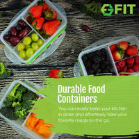 FIT Strong & Healthy plastic food containers, cute bento box, and tupperware with compartments are made from a durable PP material. You can easily keep your kitchen in order and effortlessly take your meals anywhere with our on the go snack containers.