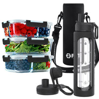 1, 2 & 3 Compartment Glass Meal Prep Containers with BLACK Lids (3 Pack, 35 oz) and 32 oz Glass Water Bottle with Time Marker & Carrier (Black, Black Carrier)Bundle