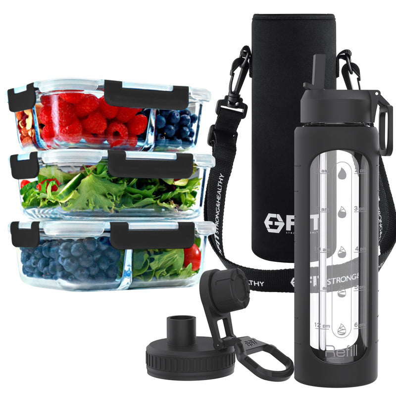 1, 2 & 3 Compartment Glass Meal Prep Containers with BLACK Lids (3 Pack, 35 oz) and 32 oz Glass Water Bottle with Time Marker & Carrier (Black, Black Carrier)Bundle