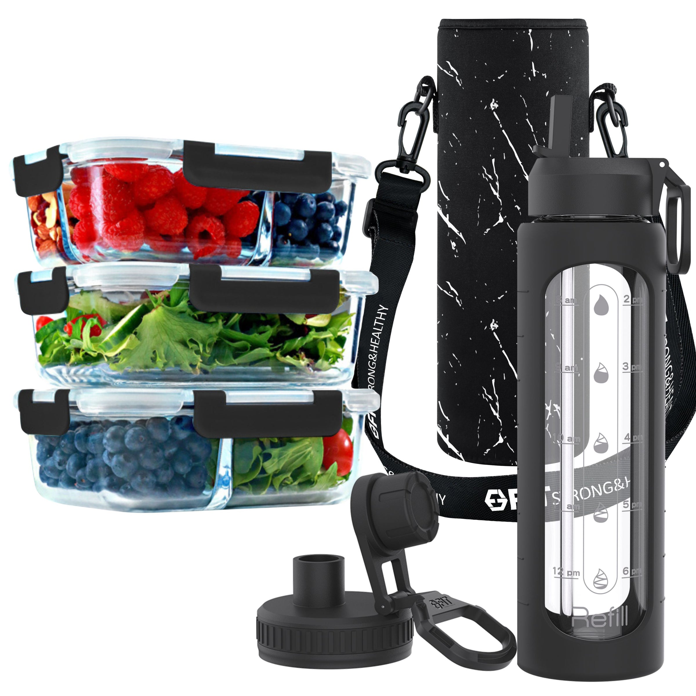 1, 2 & 3 Compartment Glass Meal Prep Containers with BLACK Lids (4 Pack, 35 oz) and 32 oz Glass Water Bottle with Time Marker & Carrier (Black, White Marble Carrier) Bundle