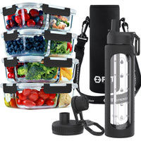 2 & 3 Compartment Glass Meal Prep Containers with BLACK Lids (4 Pack, 32 oz) and 32 oz Glass Water Bottle with Time Marker & Carrier (Black, Black Carrier) Bundle