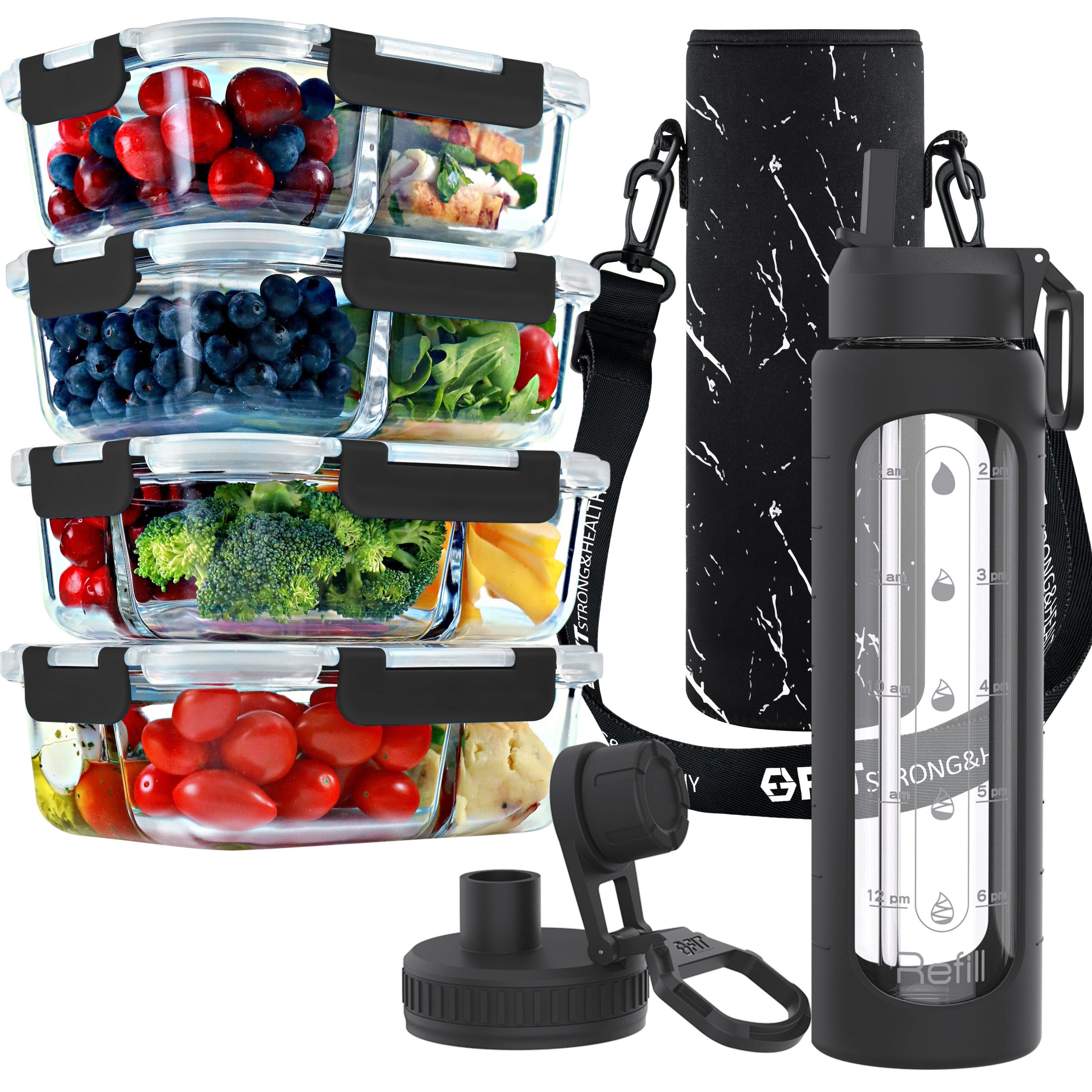 2 & 3 Compartment Glass Meal Prep Containers with BLACK Lids (4 Pack, 32 oz) and 32 oz Glass Water Bottle with Time Marker & Carrier (Black, Black Marble) Bundle
